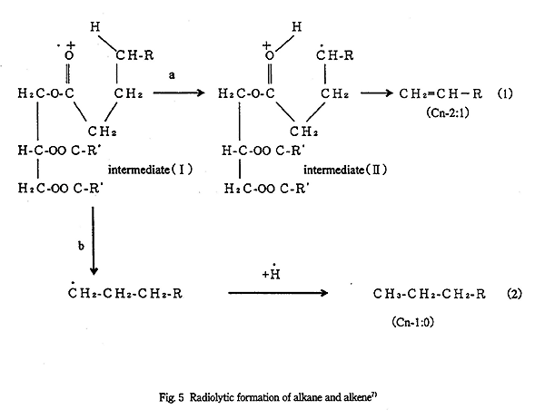 Radiolytic formation of alkane and alkene.